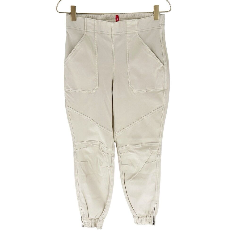 Spanx Pants Womens Medium Beige Twill Cargo Joggers Pull On Elastic Waist Pocket
